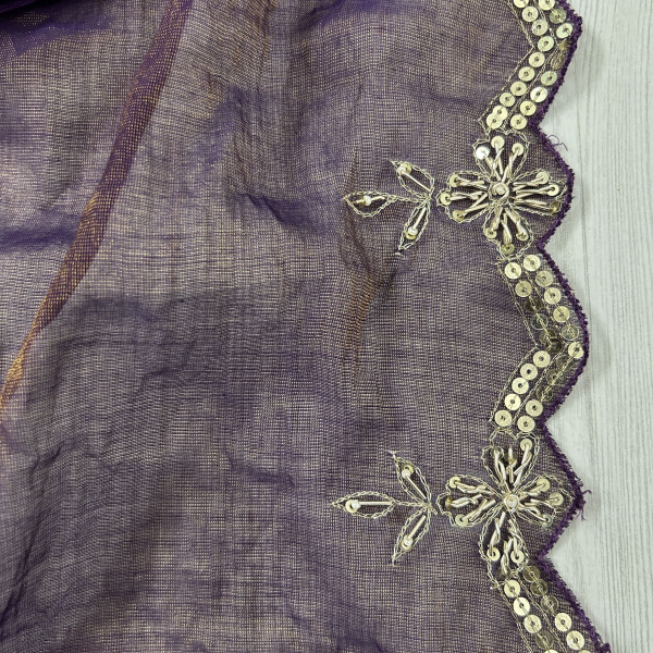 Purple Hand-Embroidered Tissue Chanderi Saree