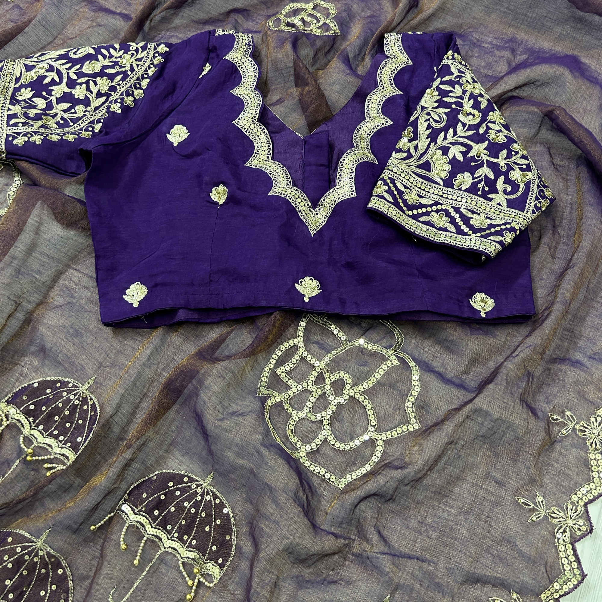 Purple Hand-Embroidered Tissue Chanderi Saree