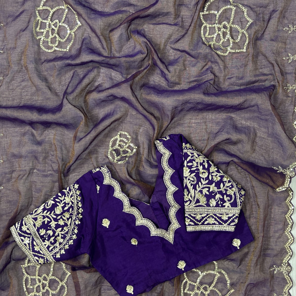 Purple Hand-Embroidered Tissue Chanderi Saree