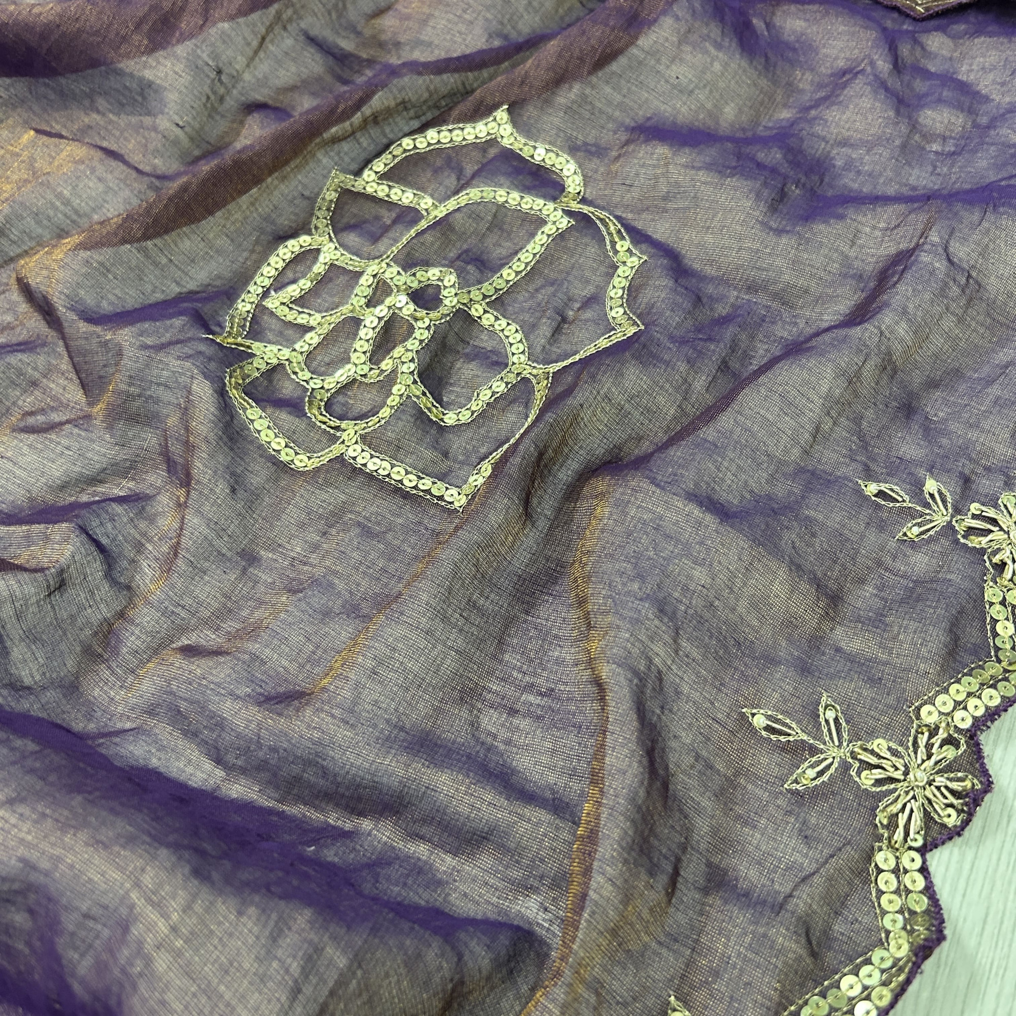 Purple Hand-Embroidered Tissue Chanderi Saree