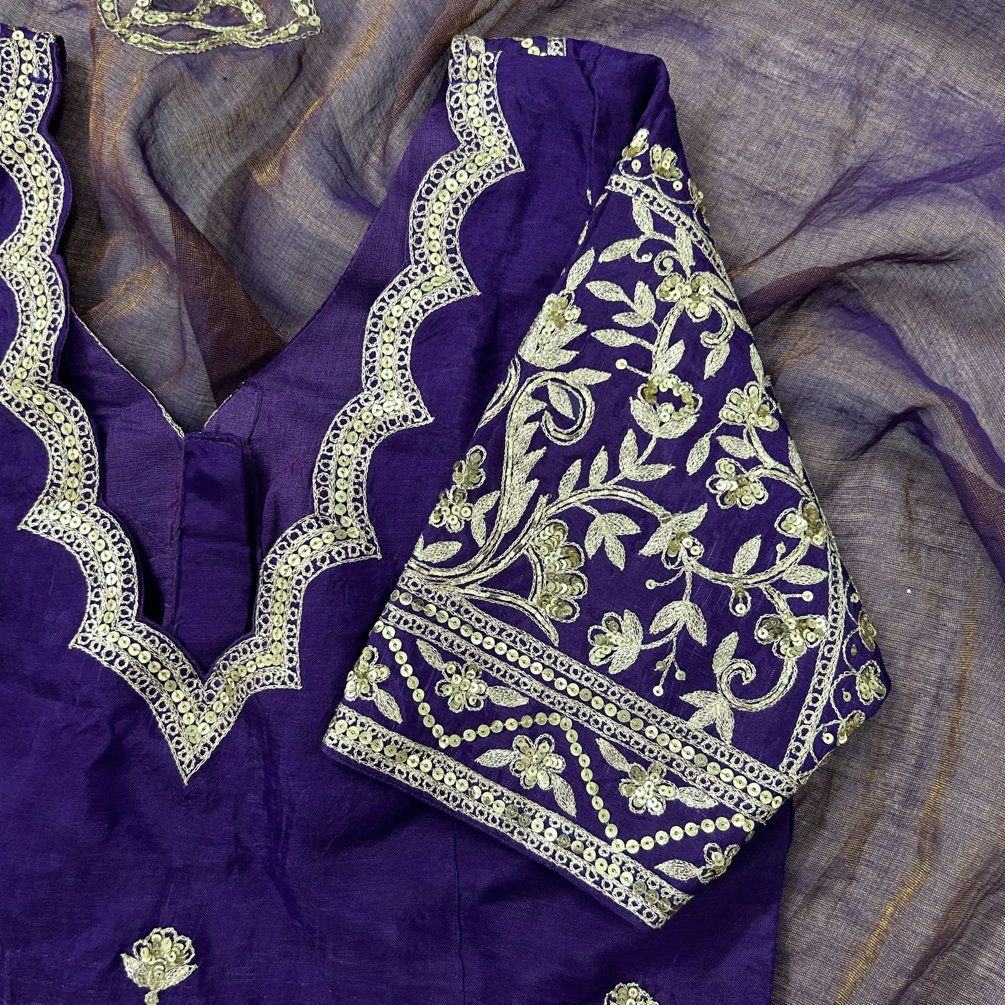 Purple Hand-Embroidered Tissue Chanderi Saree