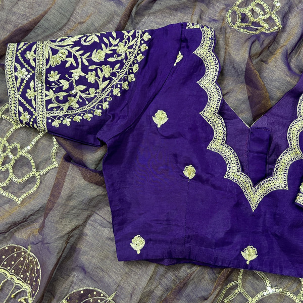Purple Hand-Embroidered Tissue Chanderi Saree
