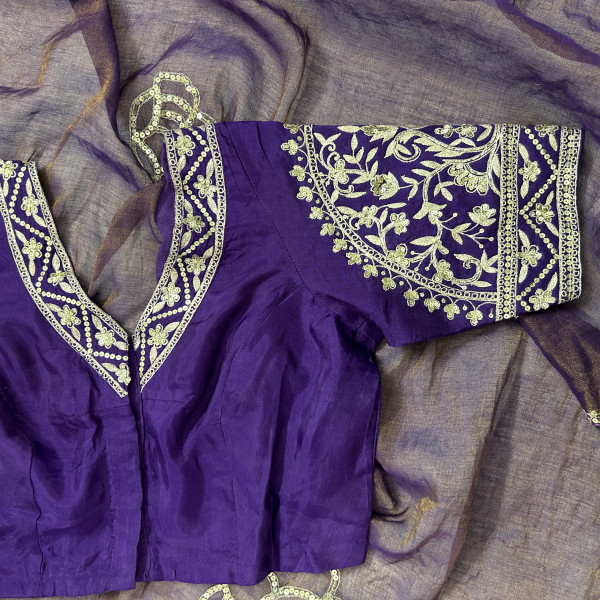 Purple Hand-Embroidered Tissue Chanderi Saree
