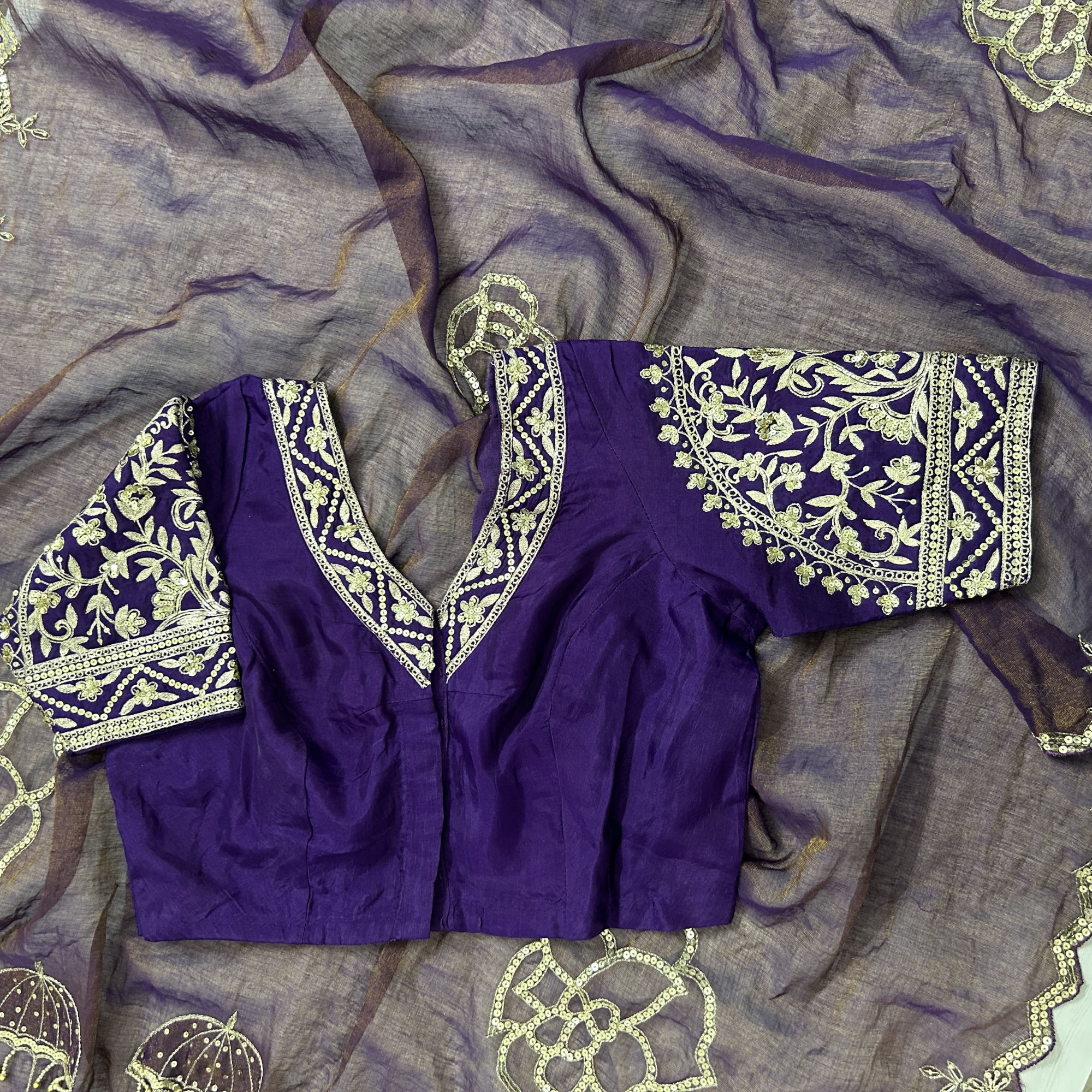 Purple Hand-Embroidered Tissue Chanderi Saree