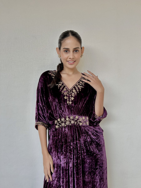 Dark Purple Velvet Kaftan Drape Dress