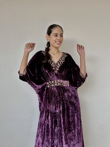 Dark Purple Velvet Kaftan Drape Dress