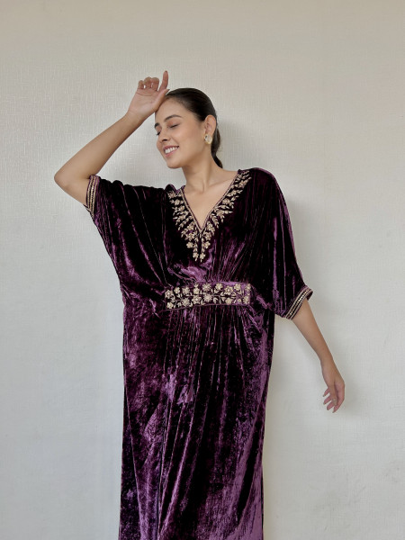 Dark Purple Velvet Kaftan Drape Dress
