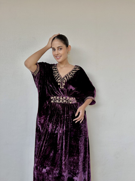 Dark Purple Velvet Kaftan Drape Dress