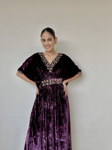 Dark Purple Velvet Kaftan Drape Dress