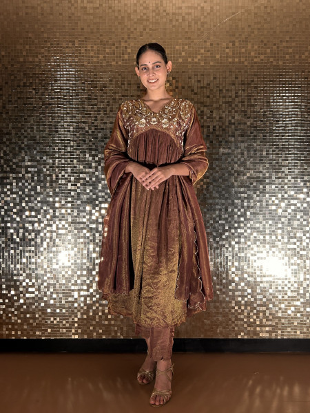 Festive Brown Gathered Flared Kurta Set