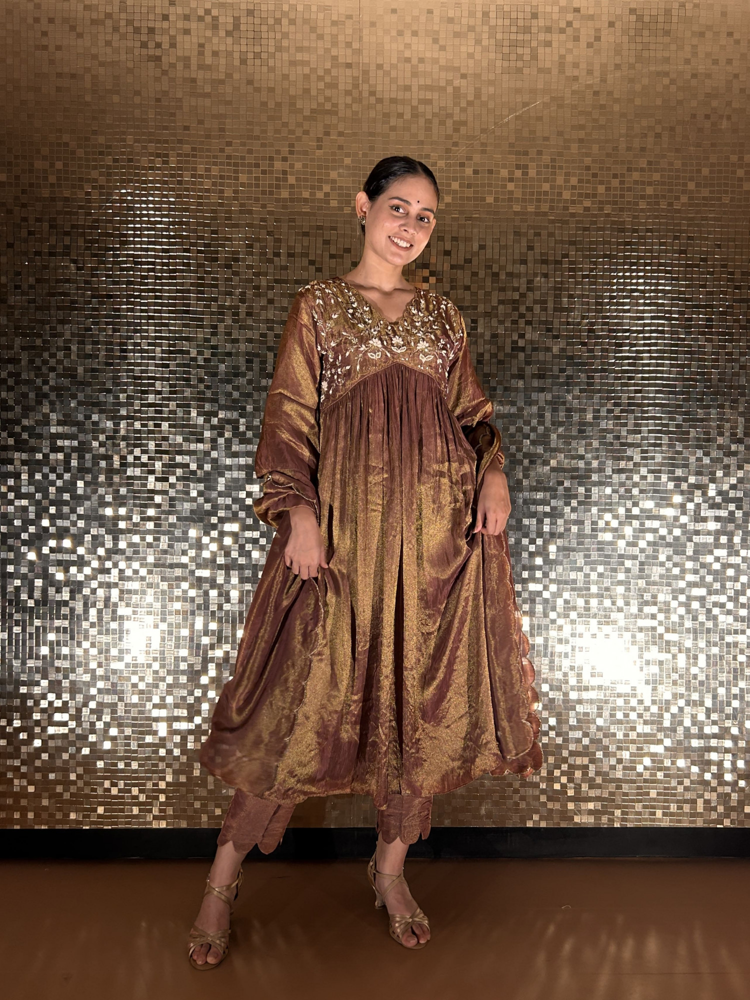 Festive Brown Gathered Flared Kurta Set