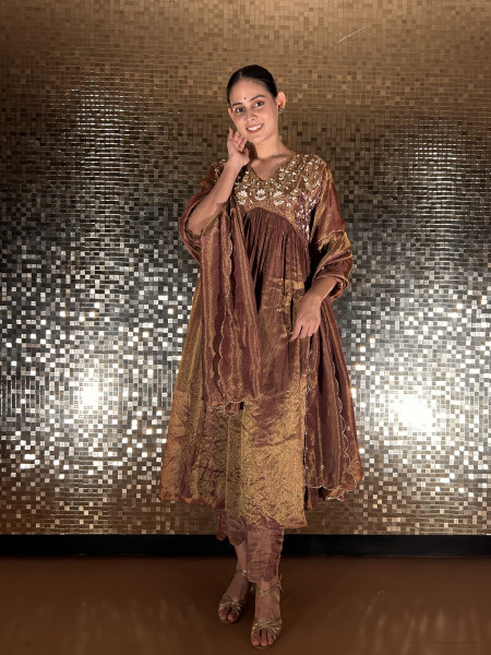 Festive Brown Gathered Flared Kurta Set