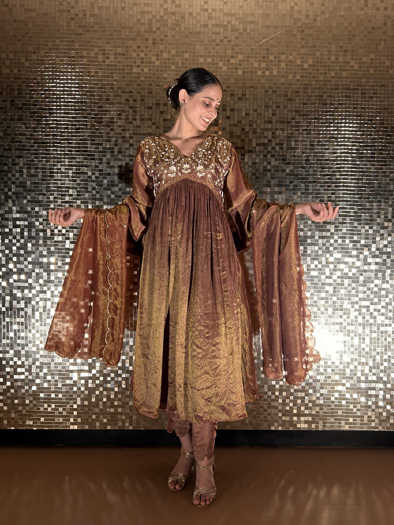 Festive Brown Gathered Flared Kurta Set