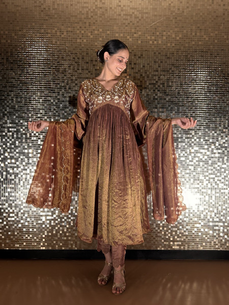Festive Brown Gathered Flared Kurta Set