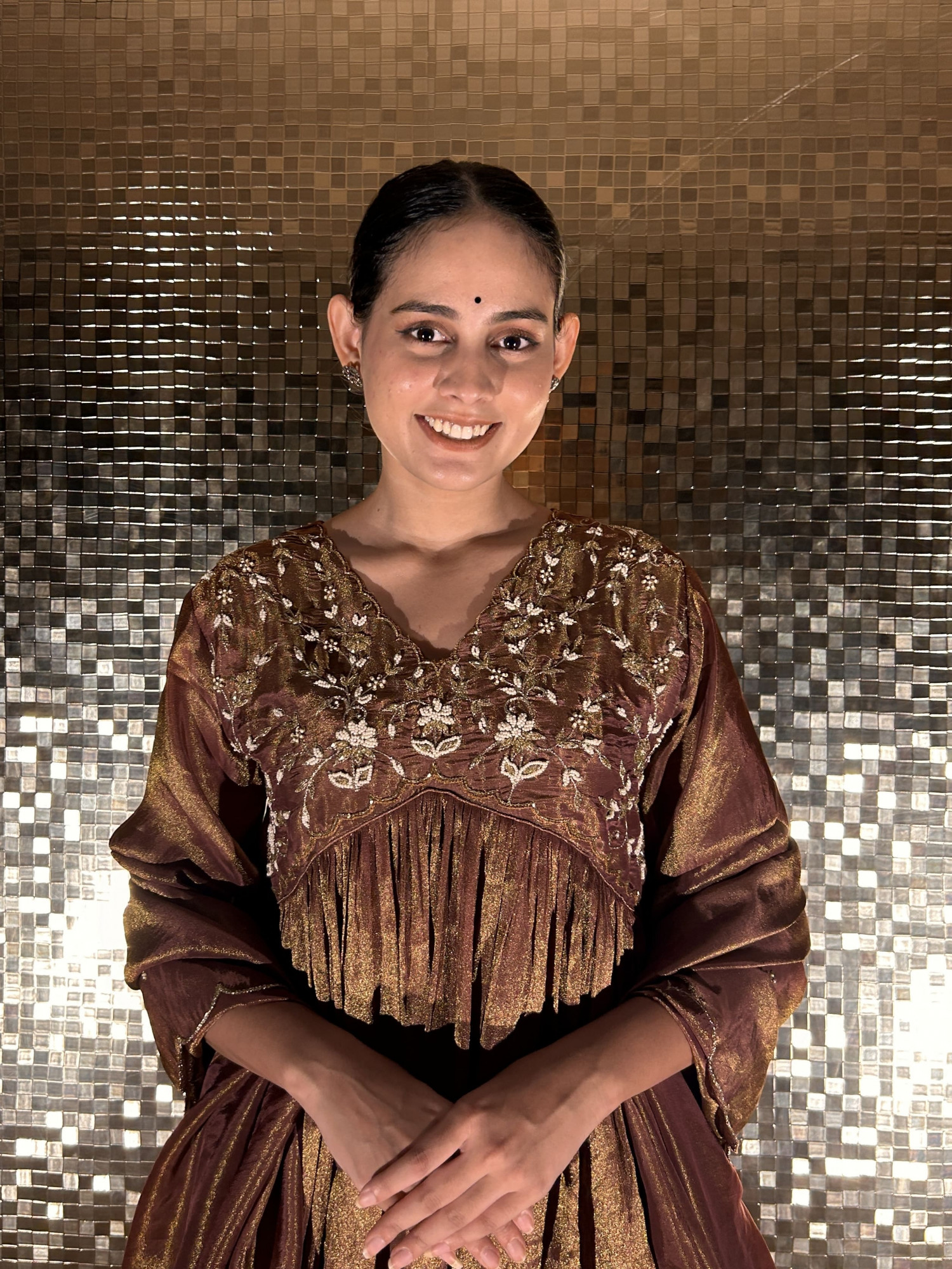 Festive Brown Gathered Flared Kurta Set
