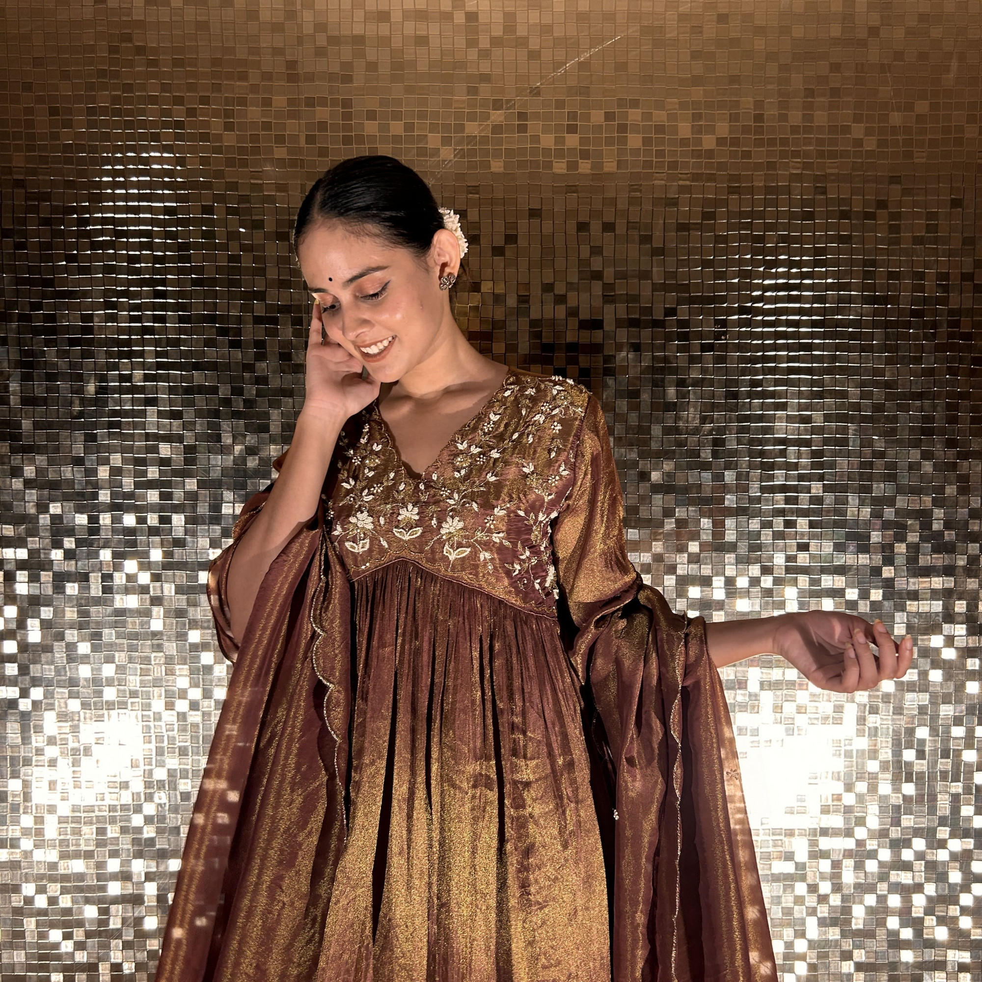Festive Brown Gathered Flared Kurta Set