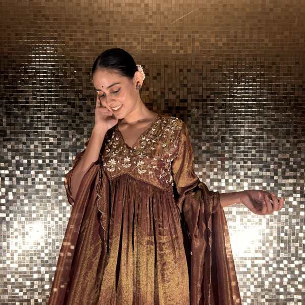 Festive Brown Gathered Flared Kurta Set