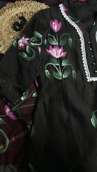 Classic Black Hand-Painted Chanderi Kurta Set