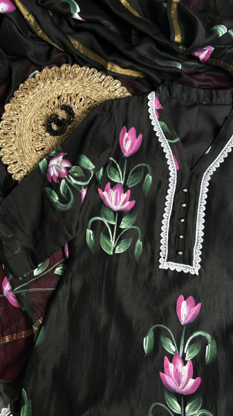 Classic Black Hand-Painted Chanderi Kurta Set