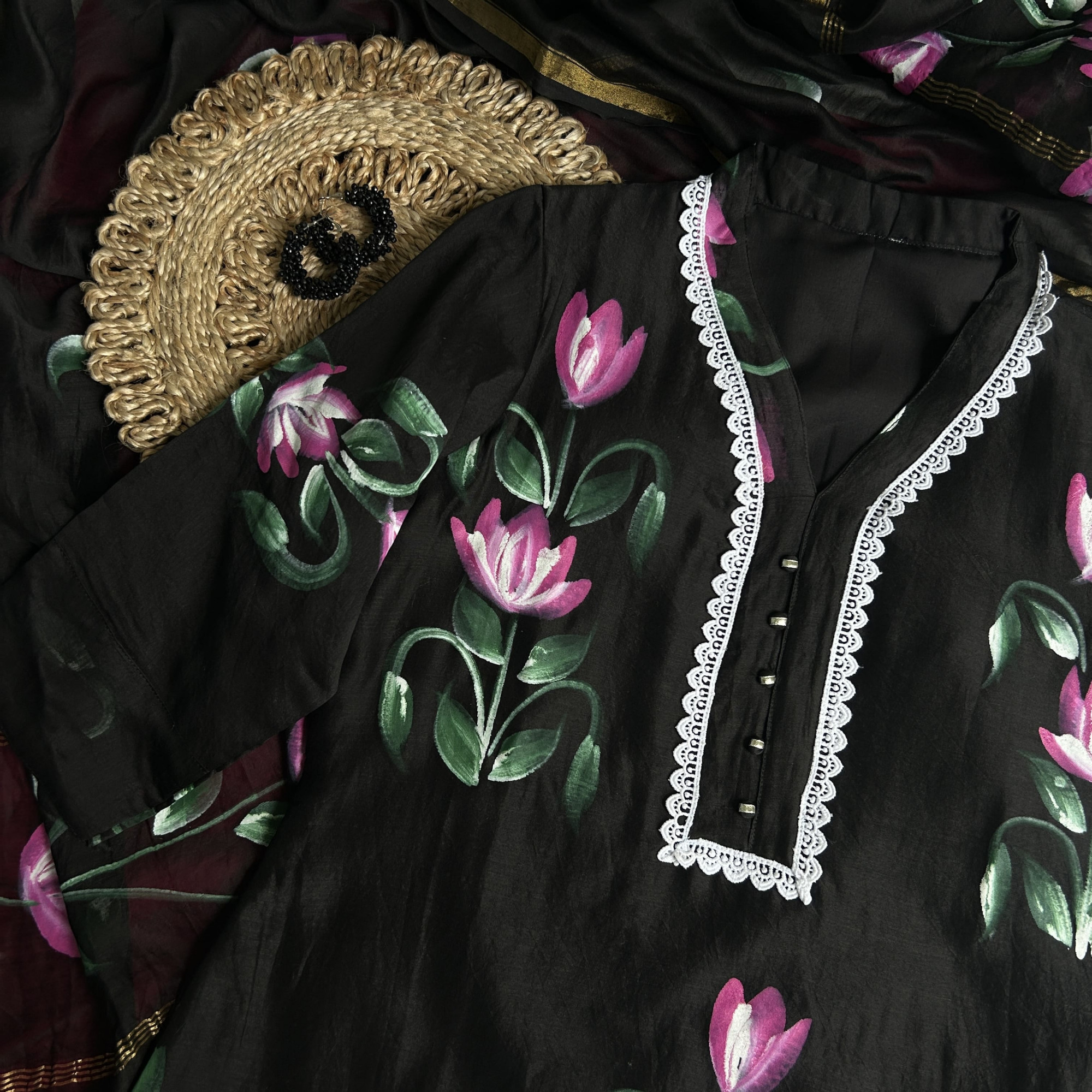 Classic Black Hand-Painted Chanderi Kurta Set