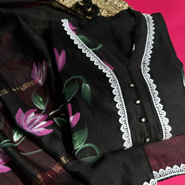 Classic Black Hand-Painted Chanderi Kurta Set