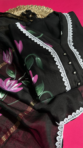 Classic Black Hand-Painted Chanderi Kurta Set