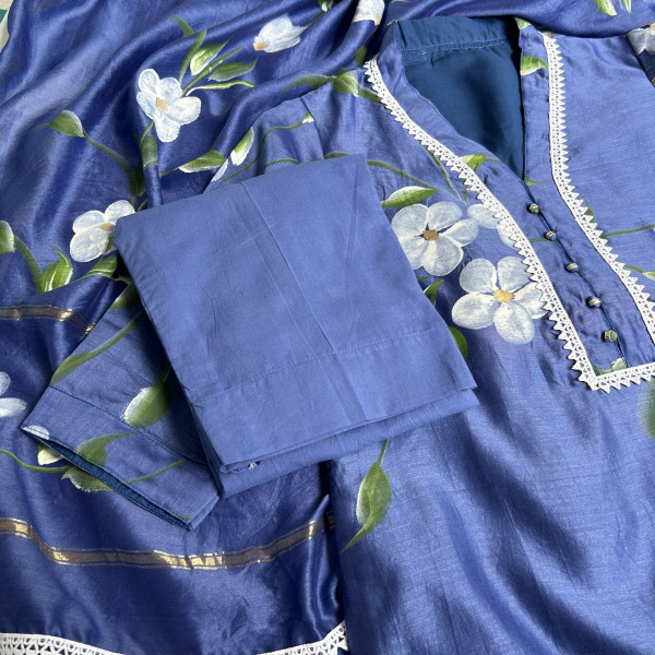 China Blue Hand-Painted Chanderi Kurta Set