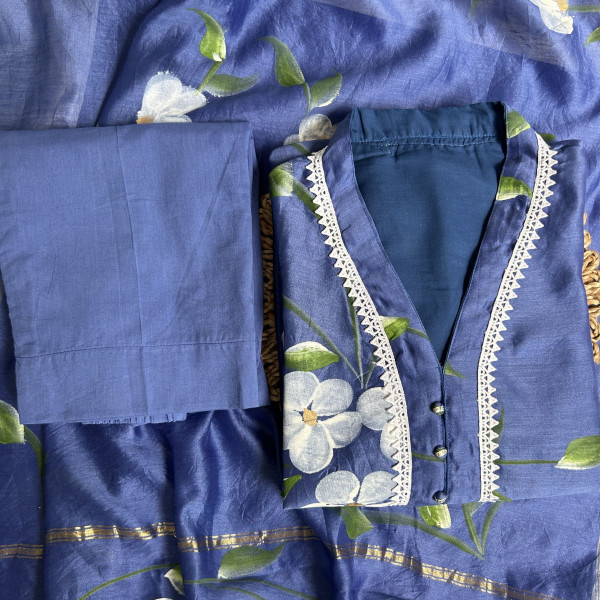 China Blue Hand-Painted Chanderi Kurta Set