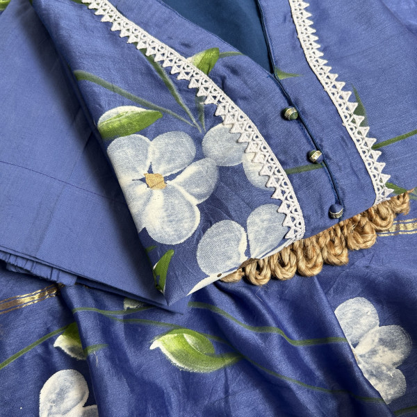 China Blue Hand-Painted Chanderi Kurta Set