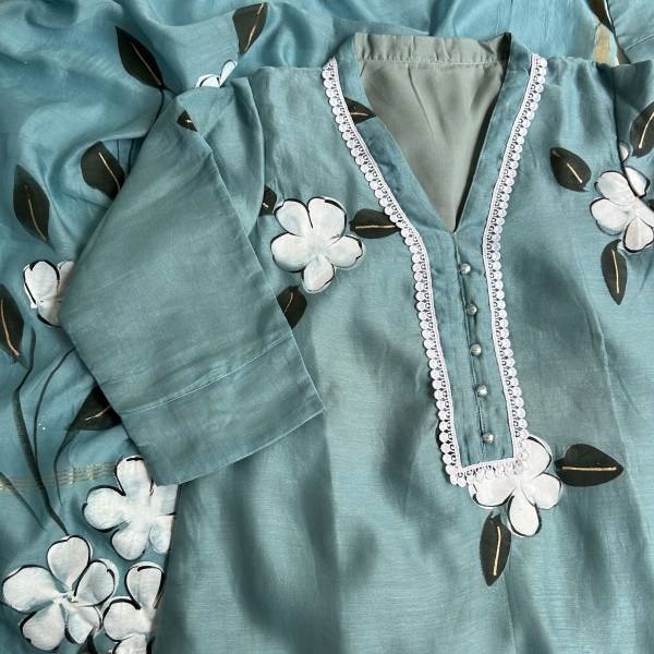 Artistic Turquoise Blue Hand-Painted Kurta Set