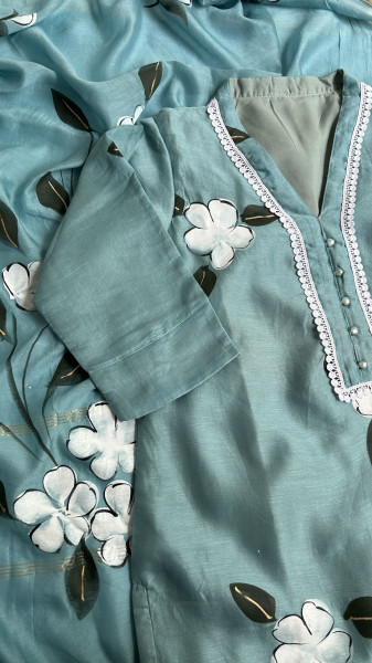 Artistic Turquoise Blue Hand-Painted Kurta Set