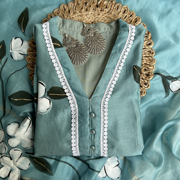 Artistic Turquoise Blue Hand-Painted Kurta Set