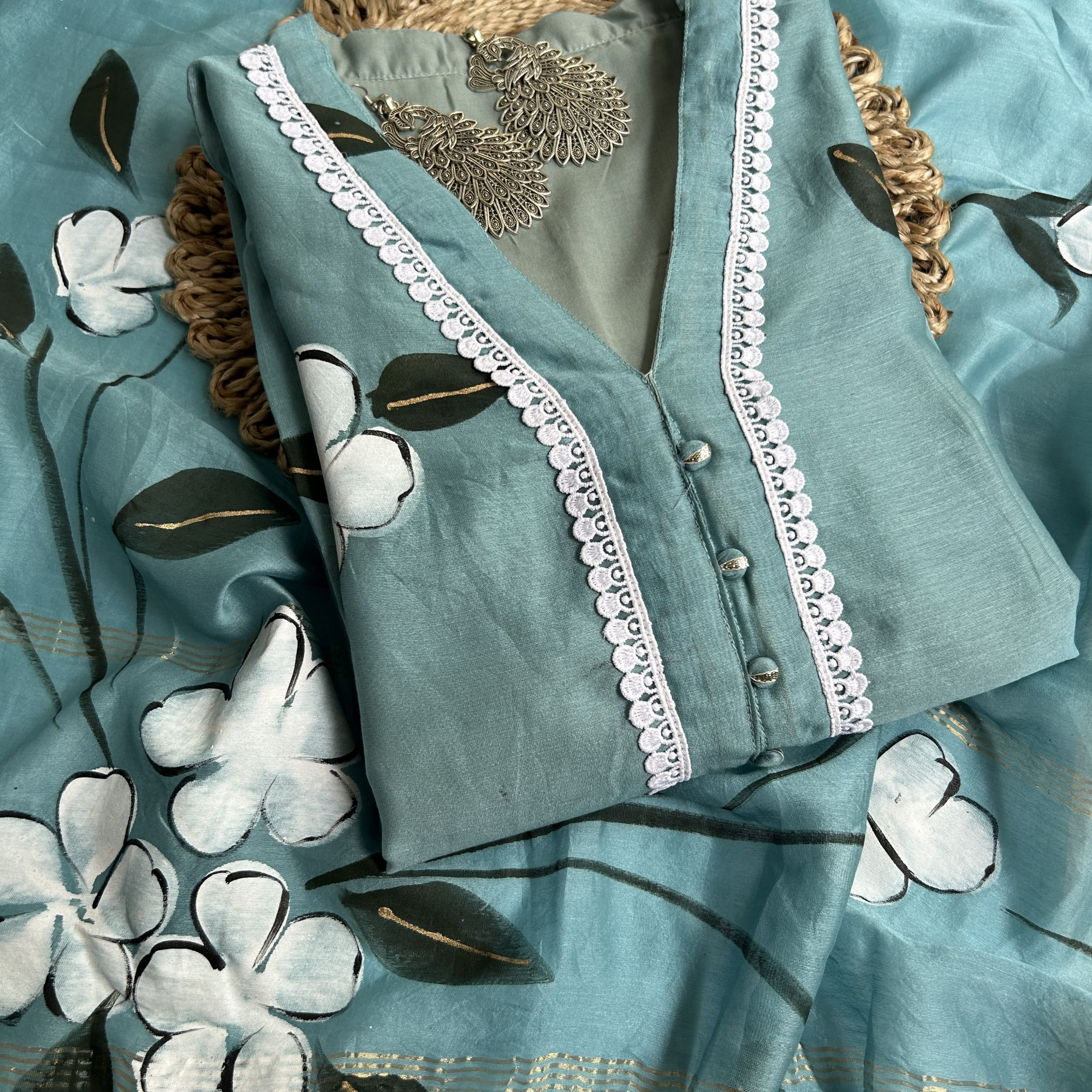 Artistic Turquoise Blue Hand-Painted Kurta Set