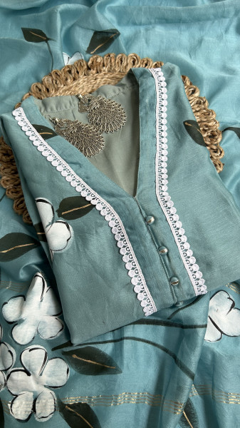 Artistic Turquoise Blue Hand-Painted Kurta Set