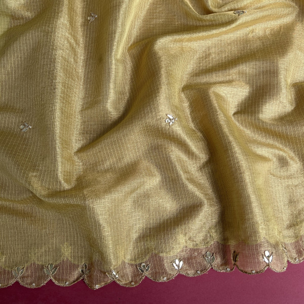 Lime Green Kota Tissue Kurta Set with Hand Embroidery