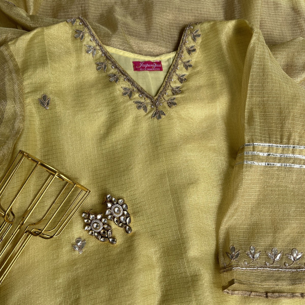Lime Green Kota Tissue Kurta Set with Hand Embroidery