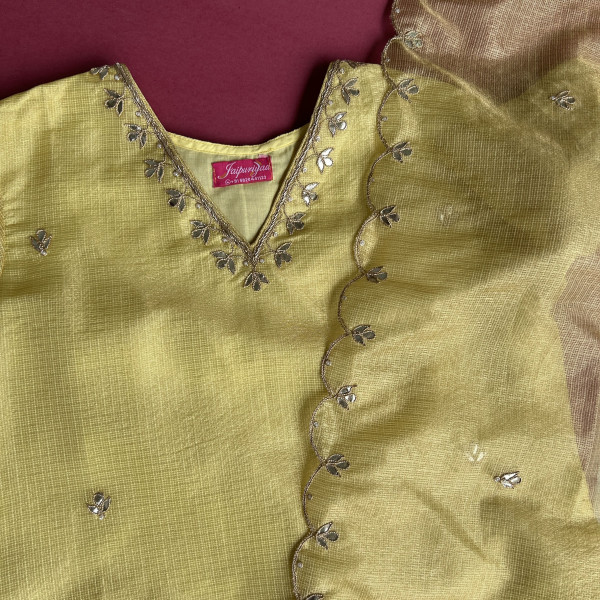 Lime Green Kota Tissue Kurta Set with Hand Embroidery