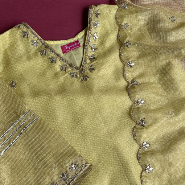 Lime Green Kota Tissue Kurta Set with Hand Embroidery