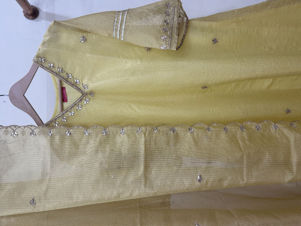 Lime Green Kota Tissue Kurta Set with Hand Embroidery