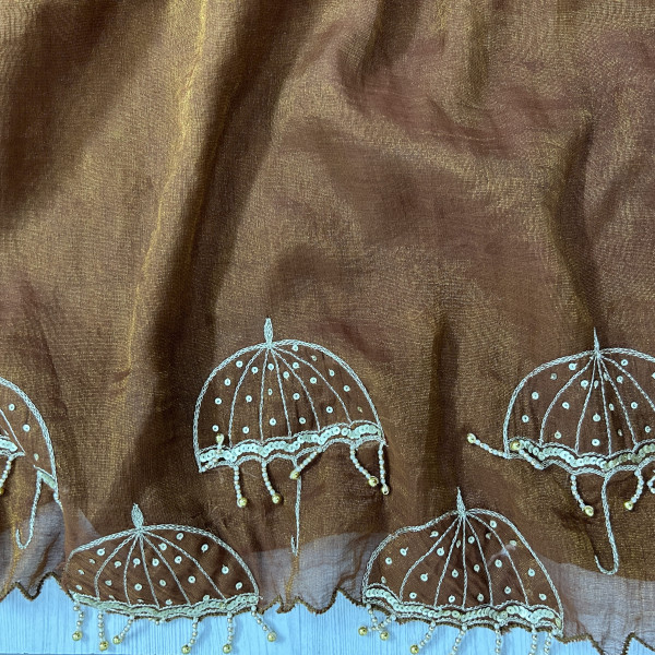 Brown Hand-Embroidered Tissue Chanderi Saree