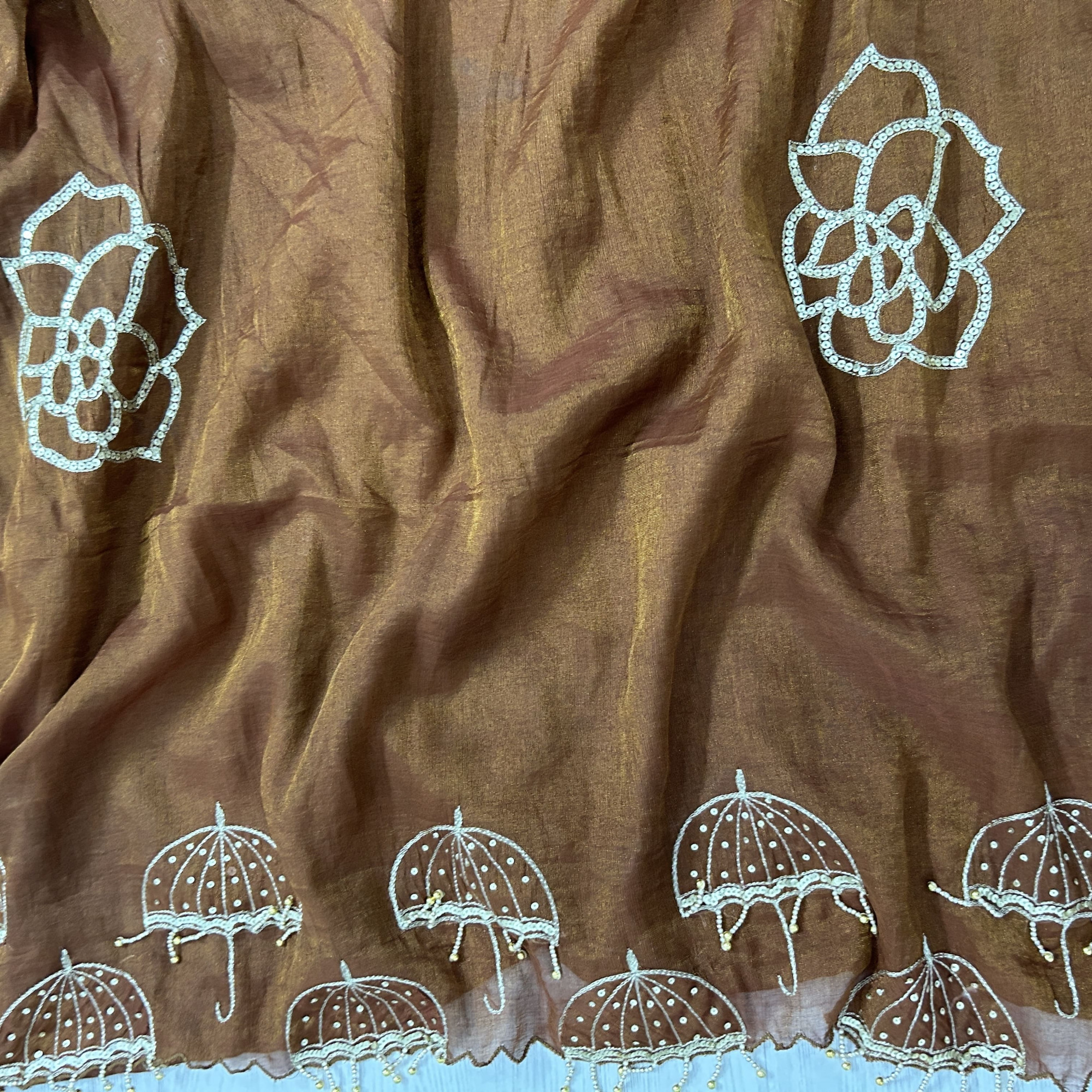 Brown Hand-Embroidered Tissue Chanderi Saree