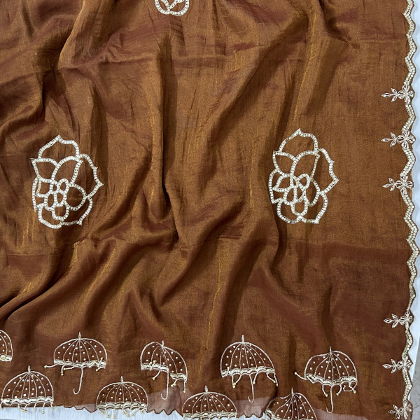 Brown Hand-Embroidered Tissue Chanderi Saree