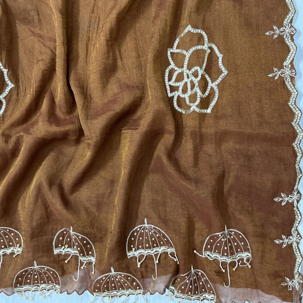 Brown Hand-Embroidered Tissue Chanderi Saree