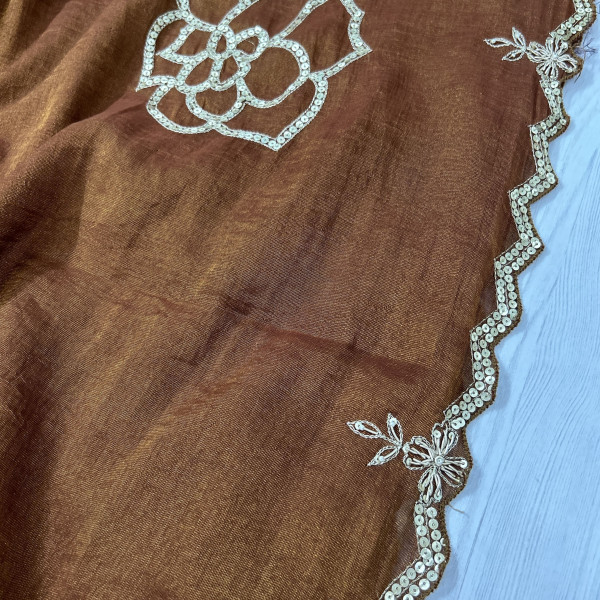 Brown Hand-Embroidered Tissue Chanderi Saree