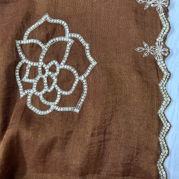 Brown Hand-Embroidered Tissue Chanderi Saree