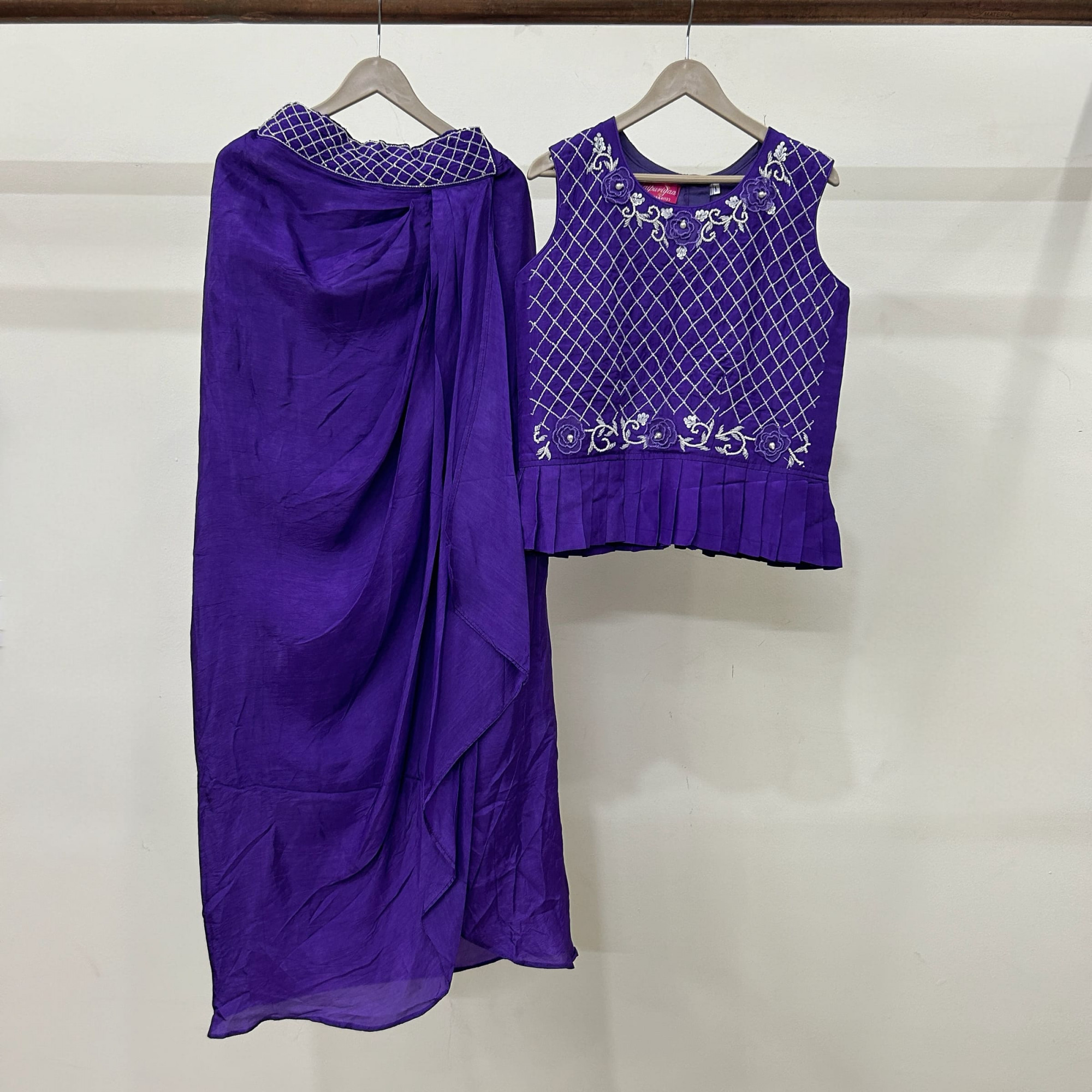 Kids Purple Peplum Top with Draped Dhoti Skirt