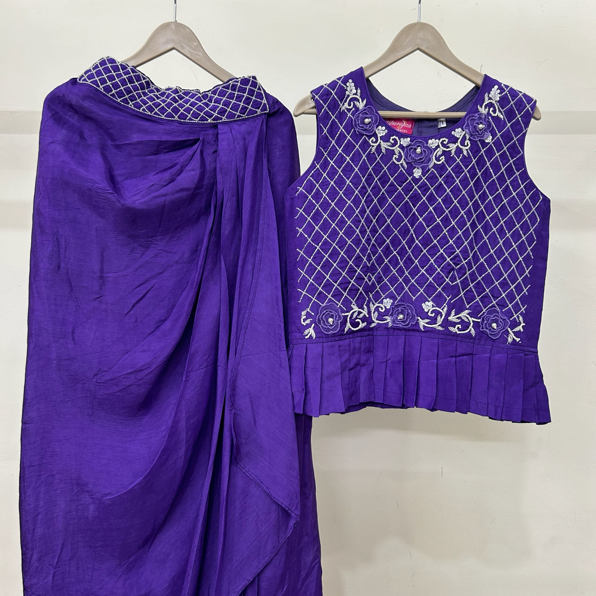 Kids Purple Peplum Top with Draped Dhoti Skirt