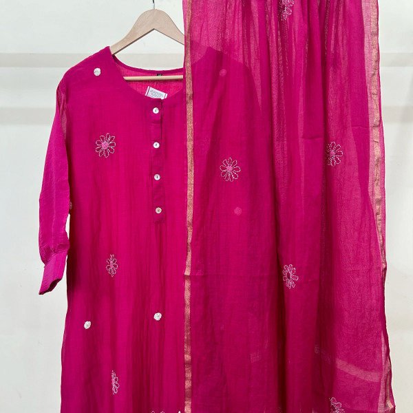 Magenta Pink Mul Chanderi Suit Set