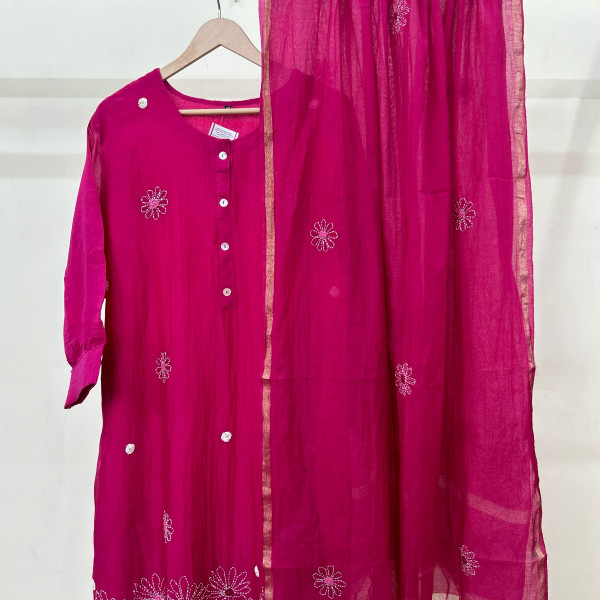Magenta Pink Mul Chanderi Suit Set