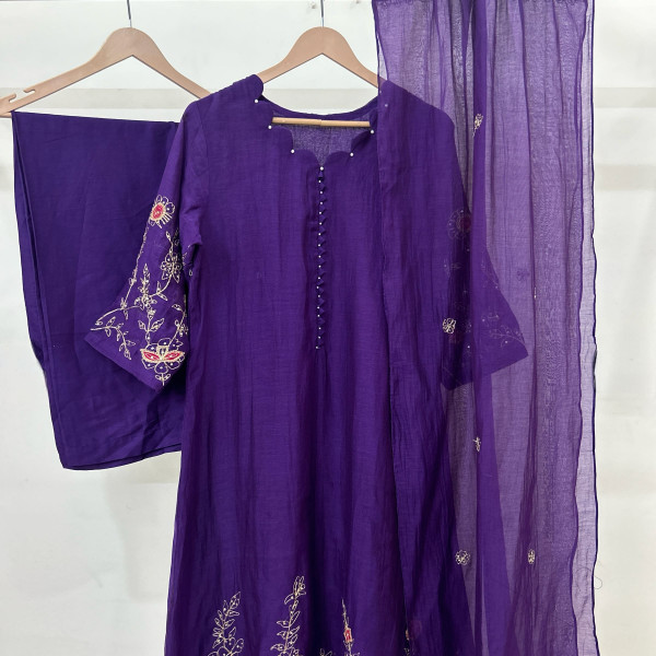 Deep Purple Mul Chanderi Suit Set